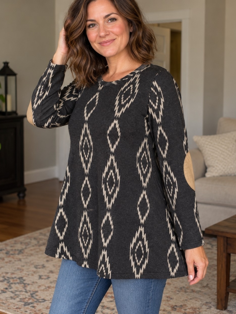 #1316 Chris & Carol Black Tunic with Gray Aztec Motif and Tan Elbow Patches